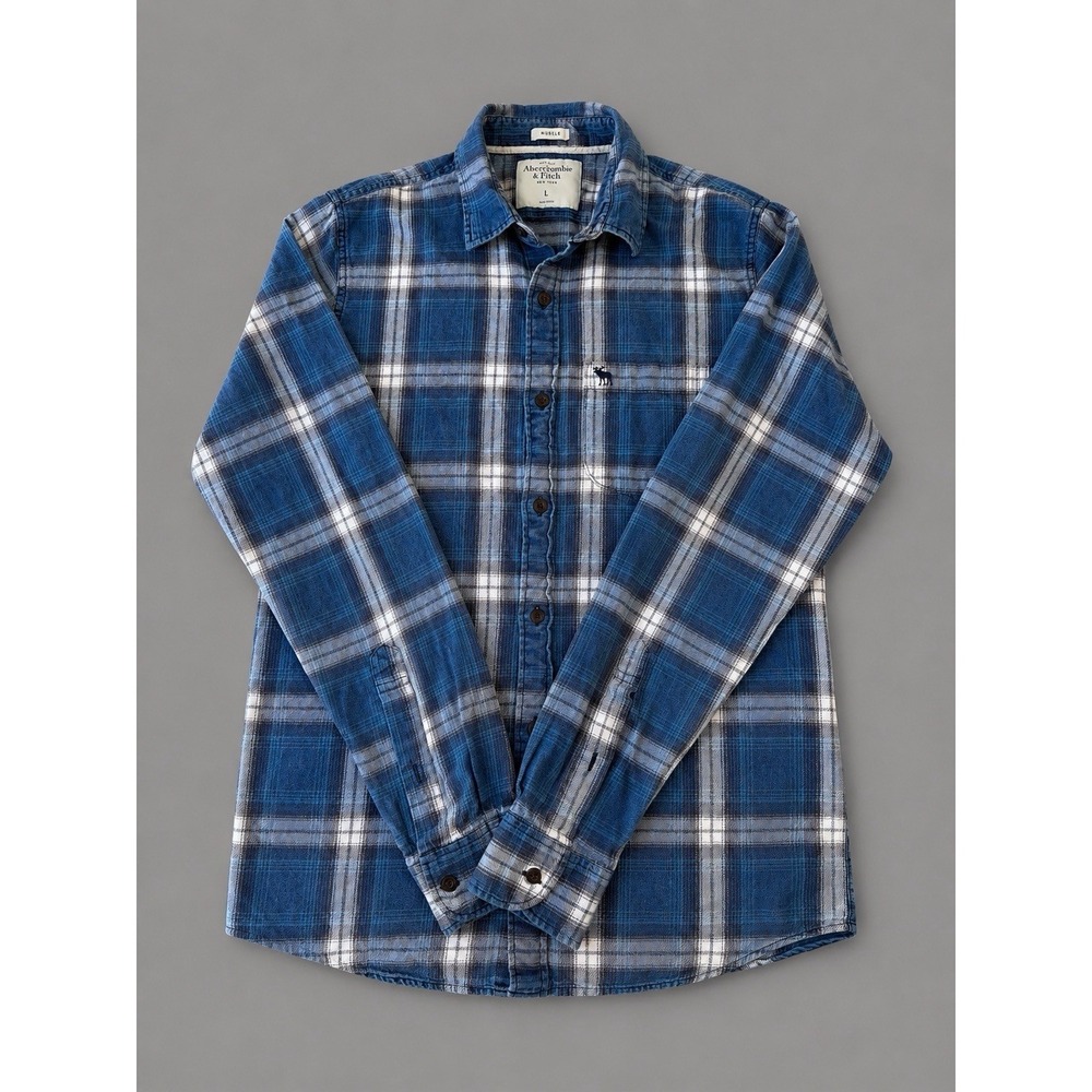 Abercrombie Fitch Muscle Plaid Flannel Shirt Blue White Sz Large Y2K Moose Logo